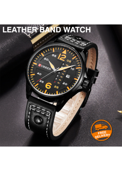 Curren Leather Band Watch For Men, 8224, Black